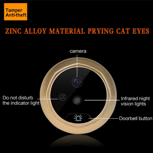 Danmini W5 2,4 pouces écran 2.0MP caméra de sécurité Pas de sonnette de spectateur de trou de peephole, Carte de soutien TF / Vision nocturne / Enregistrement vidéo (Or) SH255J997-016