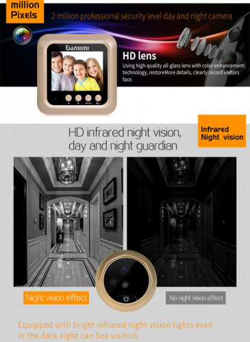 Danmini W5 2,4 pouces écran 2.0MP caméra de sécurité Pas de sonnette de spectateur de trou de peephole, Carte de soutien TF / Vision nocturne / Enregistrement vidéo (Or) SH255J997-016