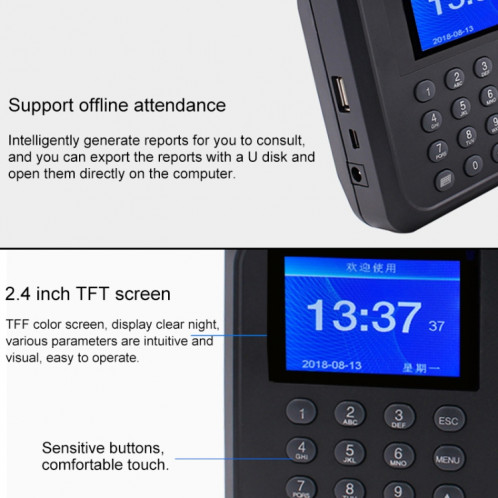 Machine de présence de temps d'empreinte digitale F01 avec écran TFT de 2,4 pouces, SH85EU832-08