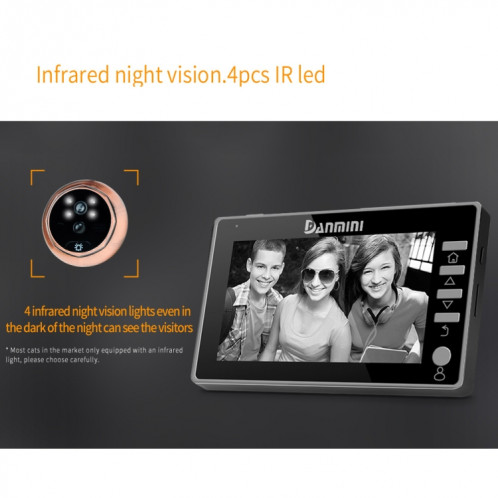 Danmini 45CHD-M 4.5 pouces Écran 3.0MP Caméra de sécurité Pas de dérangeur Peephole Viewer, Support Carte TF / Vision nocturne / Enregistrement vidéo / Détection de mouvement SH3693695-018