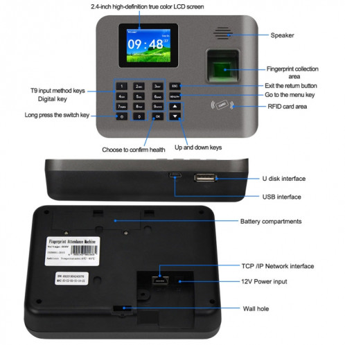 Présence de temps d'empreinte digitale Realand AL321D avec écran couleur de 2,4 pouces et fonction de carte d'identité et batterie SR51411277-011