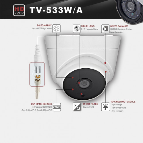 COTIER 533A-W CE & RoHS certifié étanche 1/4 pouce 1MP 1280x720P capteur CMOS CMOS 3.6mm 3MP objectif caméra AHD avec 2 rangées de LED IR, soutien vision nocturne et balance des blancs SC073A271-09