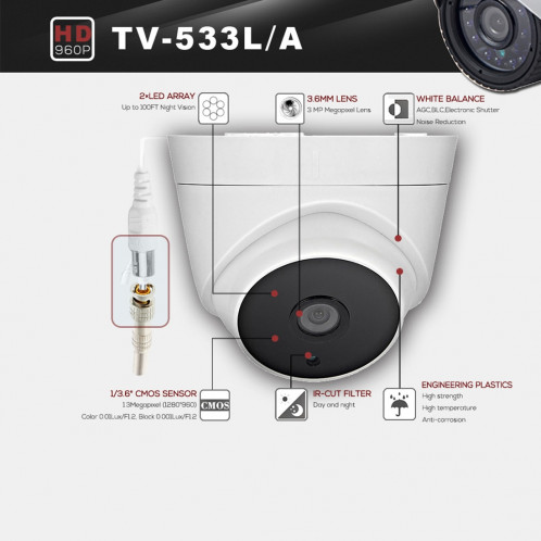 COTIER 533A-L CE & RoHS Certifié Étanche 1 / 3.6 pouce 1.3MP 1280x960P Capteur CMOS CMOS 3.6mm 3MP Objectif AHD Caméra avec 2 réseaux IR LED, support de vision nocturne et balance des blancs SC073B705-09