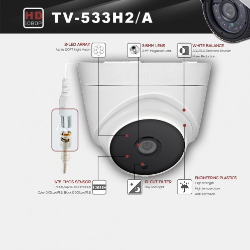 COTIER 533A-H2 CE & RoHS certifié étanche capteur CMOS 1/3 pouce 2MP 1920x1080P CMOS 3,6 mm objectif 3MP caméra AHD avec 2 rangées LED IR, vision nocturne de soutien et balance des blancs SC073C309-09