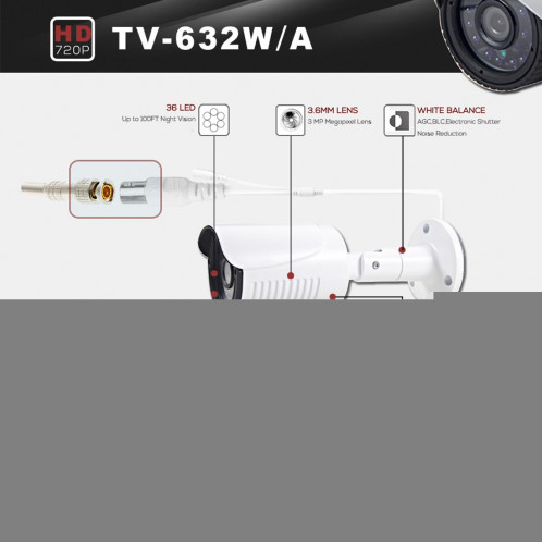 COTIER 632A-W CE & RoHS certifié étanche capteur CMOS 1/4 pouce 1MP 1280x720P CMOS 3.6mm objectif 3MP caméra AHD avec 36 LED IR, vision nocturne de soutien et balance des blancs SC074A405-09