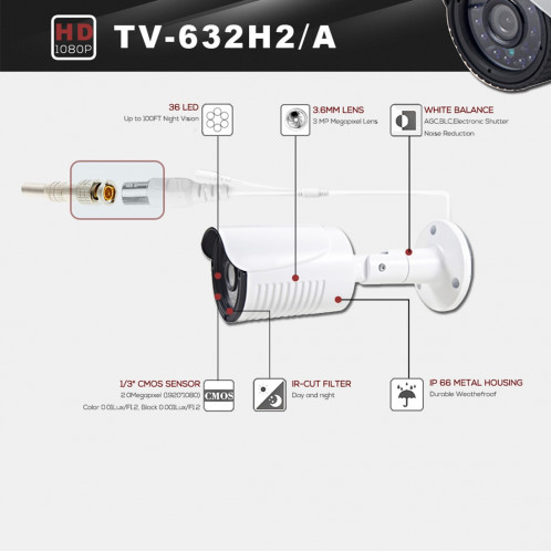COTIER 632A-H2 CE & RoHS certifié étanche capteur CMOS 1/3 pouce 2MP 1920x1080P CMOS 3.6mm objectif 3MP caméra AHD avec 36 LED IR, vision nocturne de soutien et balance des blancs SC074C205-09