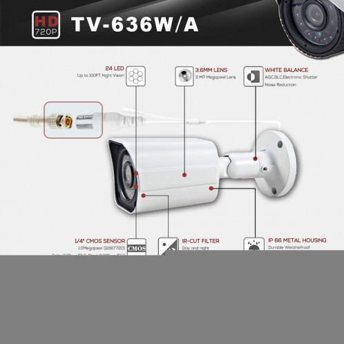 COTIER 636A-W CE & RoHS certifié étanche capteur CMOS 1/4 pouce 1MP 1280x720P CMOS 3.6mm objectif 3MP caméra AHD avec 24 LED IR, soutien nuit vision et balance des blancs SC075A302-09