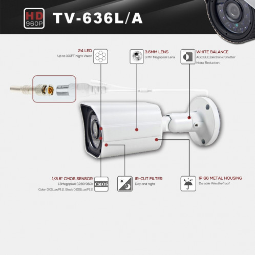 COTIER 636A-L CE & RoHS certifié étanche 1 / 3.6 pouce 1.3MP 1280x960P capteur CMOS CMOS 3.6mm 3MP objectif caméra AHD avec 24 LED IR, soutien nuit vision et balance des blancs SC075B999-09