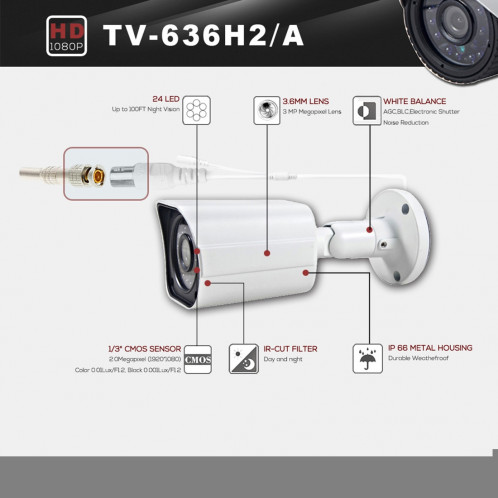 COTIER 636A-H2 CE & RoHS certifié étanche capteur CMOS 1/3 pouce 2MP 1920x1080P CMOS 3,6mm objectif 3MP caméra AHD avec 24 LED IR, vision nocturne de soutien et balance des blancs SC075C633-09