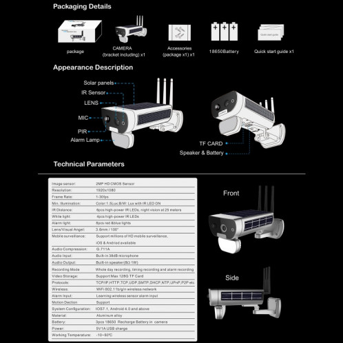 T8 1080P Full HD Batterie Solaire Ultra Low Power Sound Light Alarm Network Camera, Support de détection de mouvement, Vision nocturne, Audio bidirectionnel, Carte TF SH00911909-013