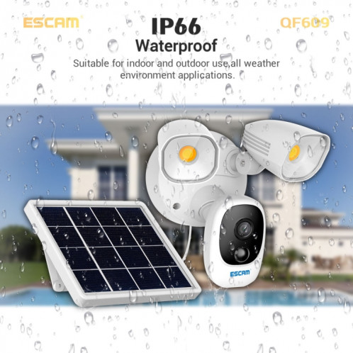 ESCAM QF609 1080P Caméra sans fil à éclairage solaire 1000LM avec panneau solaire et batterie rechargeable 12000mAh, capteur PIR de soutien et vision nocturne et carte audio bidirectionnelle et TF SE0202907-020