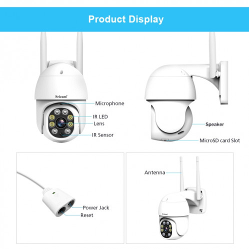 Caméra PTZ extérieure Sricam SP028 1080P HD, prise en charge Audio bidirectionnel / détection de mouvement / détection humanoïde / Vision nocturne couleur / carte TF SS33US757-018