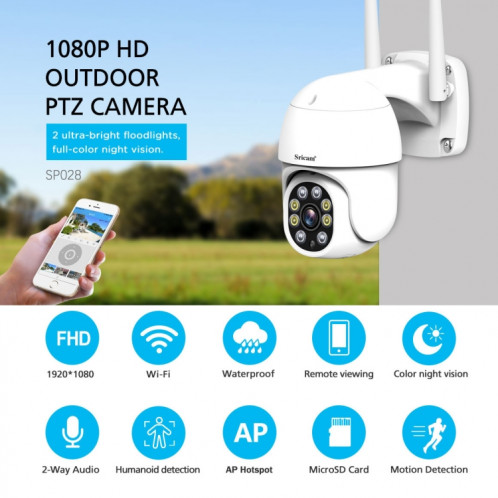 Caméra PTZ extérieure Sricam SP028 1080P HD, prise en charge Audio bidirectionnel / détection de mouvement / détection humanoïde / Vision nocturne couleur / carte TF SS33AU326-018