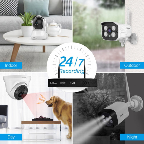 SriHome NVS001 1080P Kit NVR 4 canaux système de caméra de sécurité sans fil, prise en charge de la détection humanoïde / détection de mouvement / audio bidirectionnel / vision nocturne, prise ue SS34EU1435-016