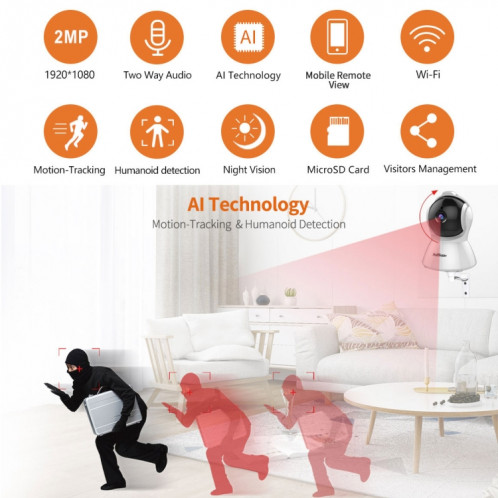 SriHome SH025 2.0 millions de pixels 1080P HD AI caméra IP à suivi automatique, prise en charge de l'audio bidirectionnel / suivi de mouvement / détection humanoïde / vision nocturne / carte TF, SS39EU668-017