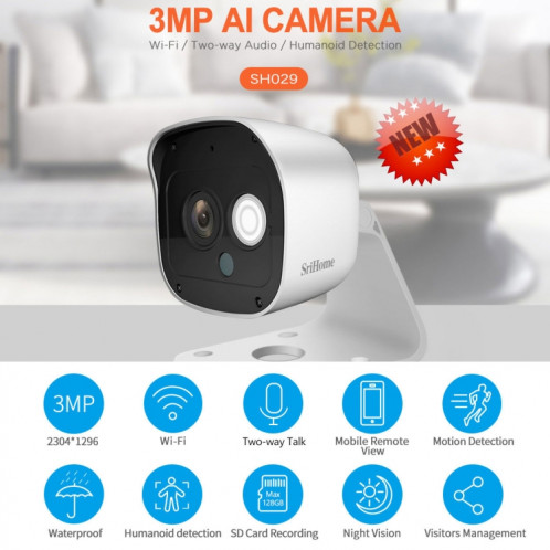 Caméra SriHome SH029 3.0 millions de pixels 1296P HD AI, prise en charge de la conversation bidirectionnelle / détection de mouvement / détection humanoïde / Vision nocturne / carte TF, prise ue SS42EU144-015