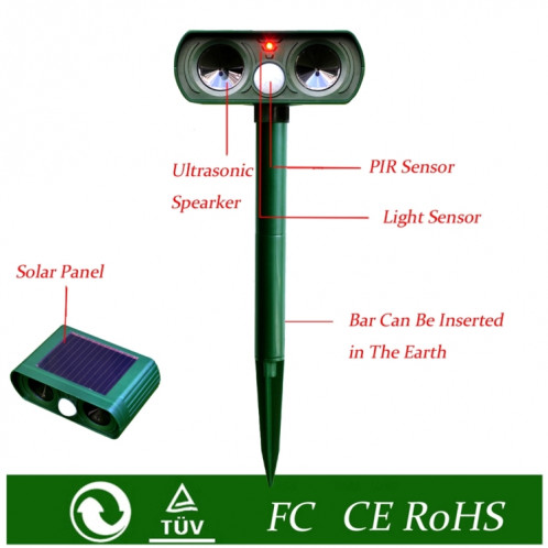 Répulsif animal ultrasonique actionné solaire puissant de 2 PCS avec le capteur de PIR et le capteur léger, a obtenu la certification de la CE / ROHS SR0010284-010