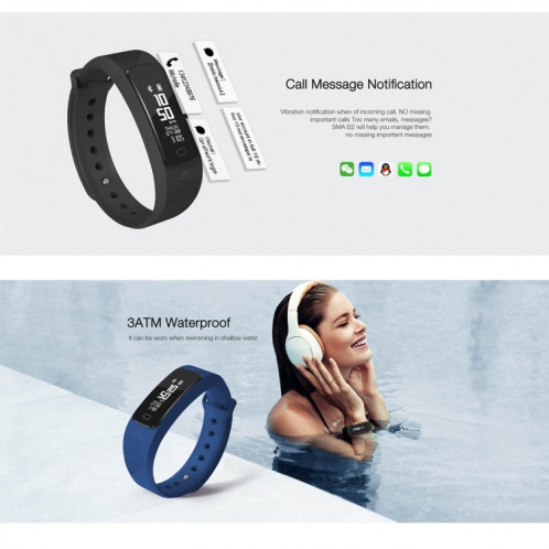 Bracelet intelligent Bluetooth 4.0 de SMA-B2 Fitness Tracker, IP67 imperméable à l'eau, modes de sport de soutien / moniteur de fréquence cardiaque / moniteur de pression artérielle / moniteur de sommeil (noir) SH103B1143-011