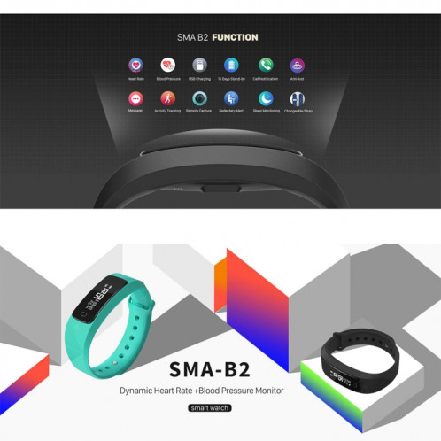 Bracelet intelligent Bluetooth 4.0 de SMA-B2 Fitness Tracker, IP67 imperméable à l'eau, modes de sport de soutien / moniteur de fréquence cardiaque / moniteur de pression artérielle / moniteur de sommeil (noir) SH103B1143-011