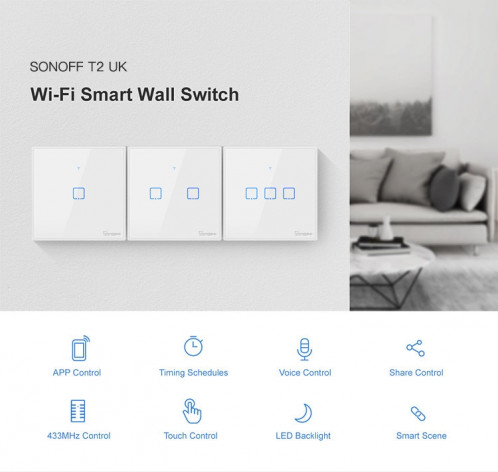 Sonoff T1 Touch 86mm Interrupteur mural en verre trempé, 1 voie, 1 voie Interrupteur tactile Smart Home, compatible avec Alexa et Google Home, CA 90V-250V 2A, prise anglaise SH0352575-06
