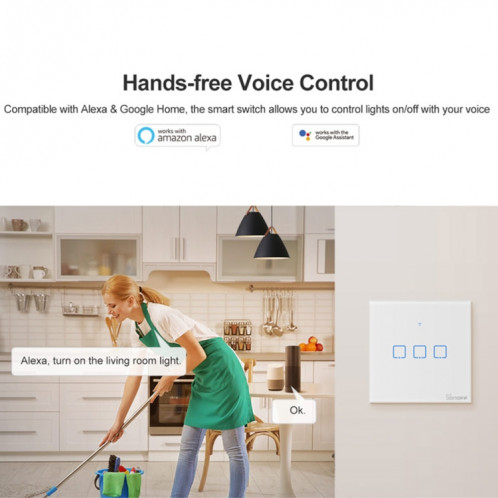 Sonoff T1 Touch 86mm 1 voie 1 voie Interrupteur mural en verre trempé Interrupteur tactile Smart Home, compatible avec Alexa et Google Home, CA 90V-250V 2A, SH0357318-010