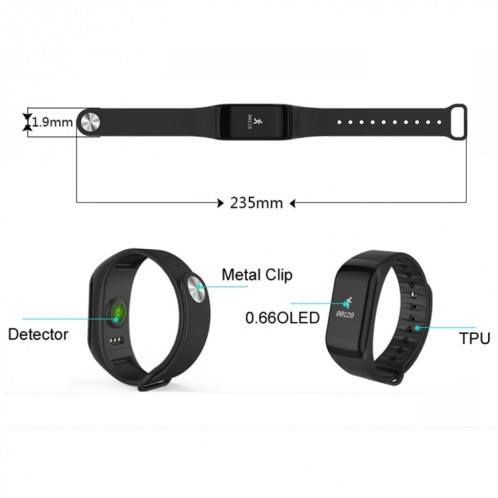 Bracelet Bluetooth à écran OLED de 0,66 pouce TLWT1, étanche IP66, moniteur de fréquence cardiaque de soutien / pression artérielle et moniteur d'oxygène sanguin / podomètre / appels de rappel / moniteur de SH373L1974-014