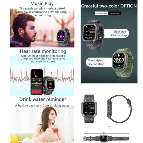 Montre intelligente de sport podomètre étanche KR06, prise en charge de la fréquence cardiaque/surveillance de la pression artérielle/appel BT (noir) SH836B708-013