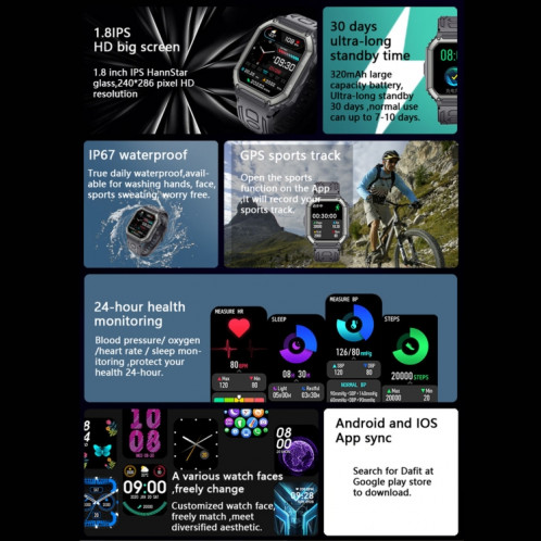 Montre intelligente de sport podomètre étanche KR06, prise en charge de la fréquence cardiaque/surveillance de la pression artérielle/appel BT (noir) SH836B708-013