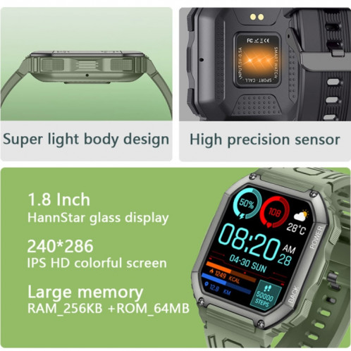 Montre intelligente de sport podomètre étanche KR06, prise en charge de la fréquence cardiaque/surveillance de la pression artérielle/appel BT (vert) SH836G1678-013