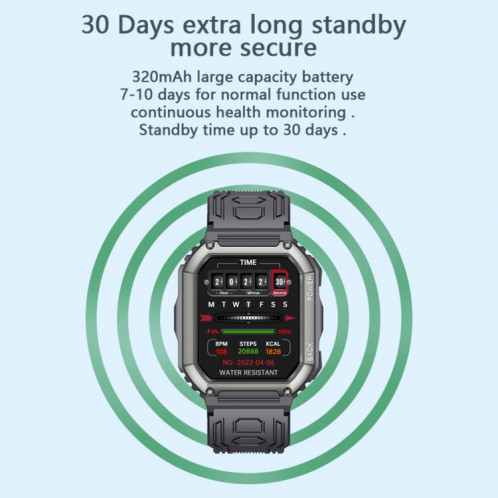 Montre intelligente de sport podomètre étanche KR06, prise en charge de la fréquence cardiaque/surveillance de la pression artérielle/appel BT (noir) SH836B708-013