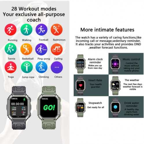 Montre intelligente de sport podomètre étanche KR06, prise en charge de la fréquence cardiaque/surveillance de la pression artérielle/appel BT (noir) SH836B708-013