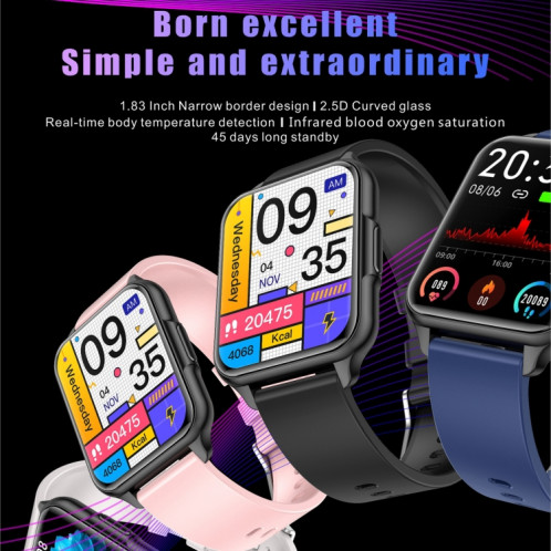 Q26 Pro Montre intelligente étanche IP68 de 1,83 pouces, prise en charge de la surveillance de la température corporelle / fréquence cardiaque / oxygène sanguin / surveillance de la pression artérielle (noir) SH837B1257-018