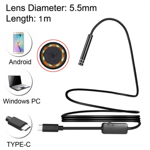 Caméra d'inspection à tube de serpent étanche IP67 à endoscope USB-C / Type-C avec 8 LED et adaptateur USB, longueur: 1 m, diamètre de l'objectif: 5,5 mm SH08401495-010