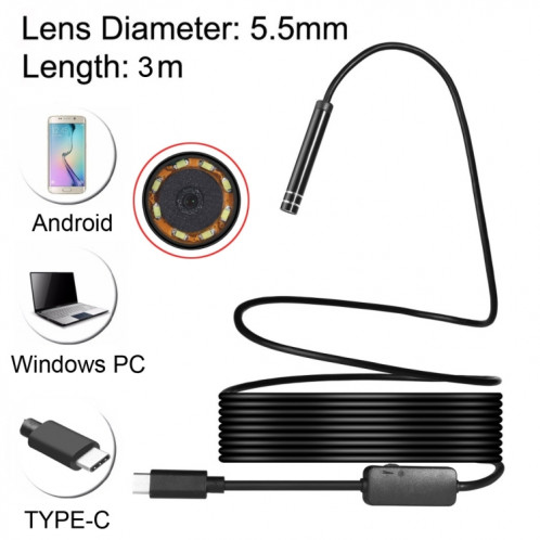 Caméra d'inspection à tube de serpent étanche IP67 à endoscope USB-C / Type-C avec 8 LED et adaptateur USB, longueur: 3 m, diamètre de l'objectif: 5,5 mm SH08411706-010