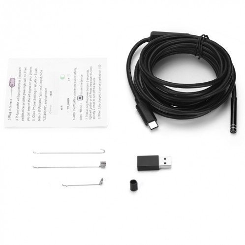 Caméra d'inspection à tube de serpent étanche IP67 à endoscope USB-C / Type-C avec 8 LED et adaptateur USB, longueur: 3 m, diamètre de l'objectif: 5,5 mm SH08411706-010