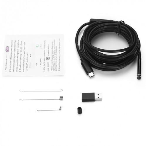 Caméra d'inspection à tube de serpent étanche IP67 à endoscope USB-C / Type-C avec 8 LED et adaptateur USB, longueur: 5 m, diamètre de l'objectif: 5,5 mm SH08421500-010