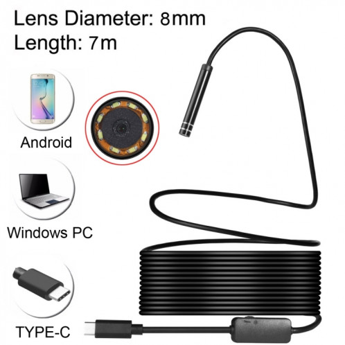 Caméra d'inspection à tube de serpent étanche à l'endoscope USB-C / Type-C avec 8 LED et adaptateur USB, longueur: 7 m, diamètre de la lentille: 8 mm SH08531349-010