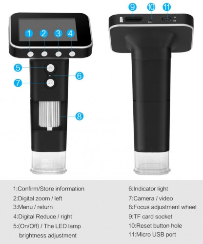 Microscope numérique USB à capteur d'image 3MP avec zoom 500X avec écran de 2,5 pouces et 8 LED et support professionnel, Carte de support pour TF SH1580195-07