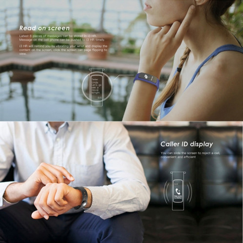 IWOWN i3 HR 0,96 pouce OLED Bracelet Bluetooth 4.0 Smart Display, affichage des appels / messages d'assistance, affichage de l'heure, moniteur de fréquence cardiaque, gestion du sommeil, podomètre, rappel SH024B499-010