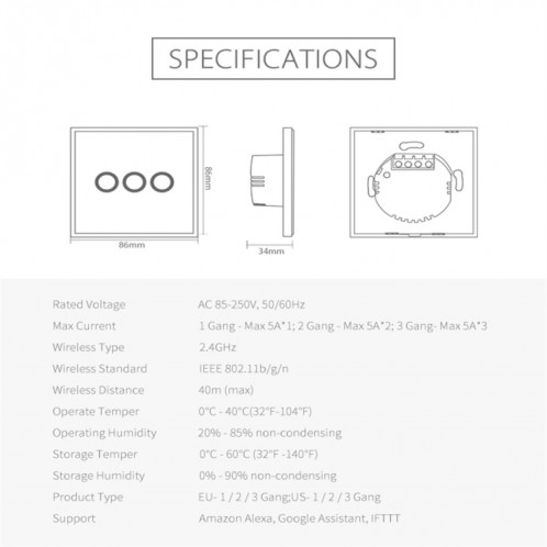 NEO NAS-SC03W Interrupteur de commande de lumière intelligent sans fil de l'UE avec 3Gang SN2382811-014