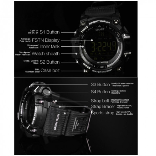 EX16 1.12 pouces FSTN LCD Affichage plein écran Sport Sport Smart Watch, IP67 50M Professionnel Étanche, Podomètre de soutien / Chronomètre / Alarme / Notification de rappel / Notifier l'appel / Appareil photo SH675B1375-023