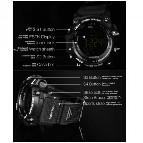 EX16 1.12 pouces FSTN LCD Affichage Angle Plein Sport Montre Smart Watch, IP67 50M Professionnel Imperméable À L'eau, Support Podomètre / Chronomètre / Alarme / Notification Rappel / Notification D'appel / SH675J862-023