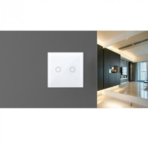 86mm 2 Gang 1 Way Verre Trempé Panneau Interrupteur Mural Smart Home Light Touch Interrupteur avec RF433 Télécommande, AC 110V-240V (Blanc) S8142W942-09