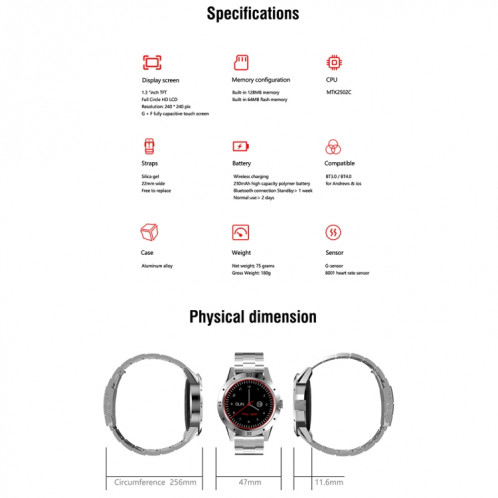 N6 Smart Watch 1.3 pouces écran TFT MTK2502C Bluetooth4.0, bracelet de montre en acier inoxydable, moniteur de fréquence cardiaque de soutien et podomètre et moniteur de sommeil et rappel sédentaire (argent) SH559S1332-012