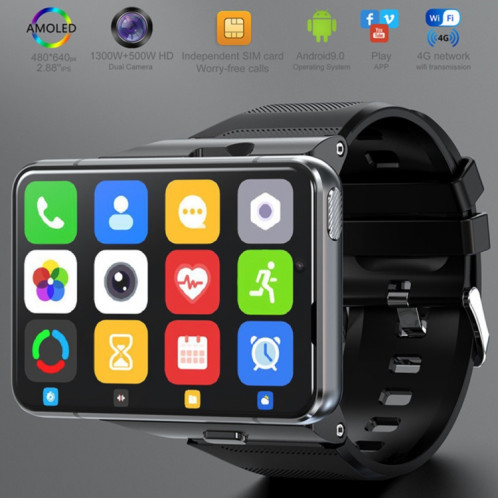 LOKMAT APPLLP Max 4G Call Smart Watch, 2,88 pouces MTK6761 Quad Core, 4 Go + 64 Go, Android 9.0, GPS, fréquence cardiaque (Argent) SL914S1206-07