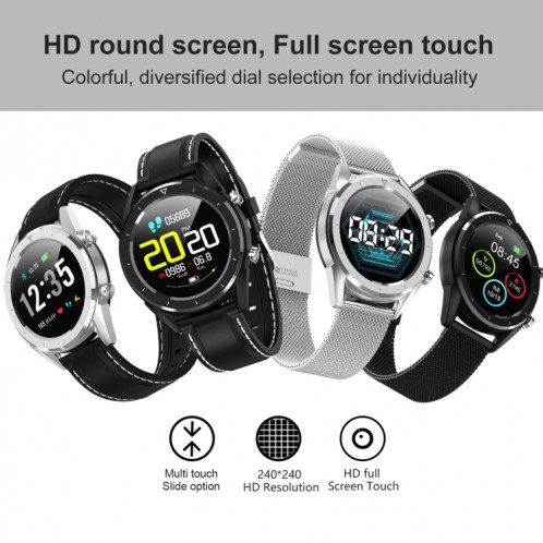 DT28 1.54 pouces IP68 bracelet en silicone étanche Smartwatch Bluetooth 4.2, prend en charge le rappel d'appel entrant / surveillance de la pression artérielle / paiement de la montre (noir argent) SH02BS1064-011
