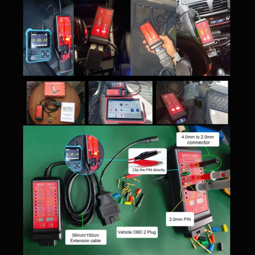 WOYO CTB007 Boîte de test CAN 12 V 24 V OBD2 avec câble de 27 po / 59 po pour tous les outils de diagnostic automobile (noir et rouge) SH58BR735-010