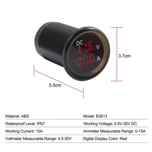 B3613 IP67 Modification de voiture étanche 4.5-30V Voltmètre + Ampèremètre SH03921919-012