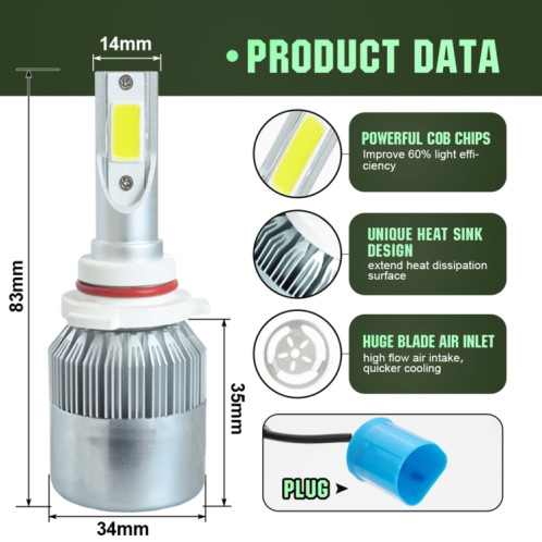 2 pièces 9005 18W 1800LM 6000K étanche IP68 phare LED automatique de voiture avec 2 lampes LED COB, DC 9-36V (lumière blanche) SH37WL254-08