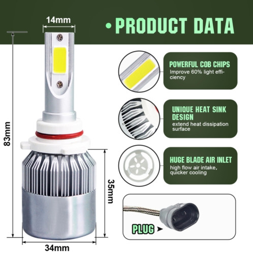 2 PCS C9 9006 18W 1800LM 6000K étanche IP68 voiture phare auto LED avec 2 lampes à LED COB, DC 9-36V (lumière blanche) SH38WL713-08